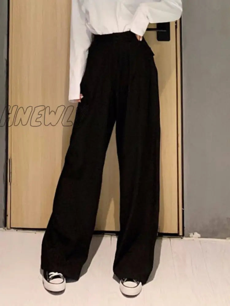 Hnewly Retro Outfits Solid Color Wild Straight Wide Leg Pants Female Spring New Korean Fashion High