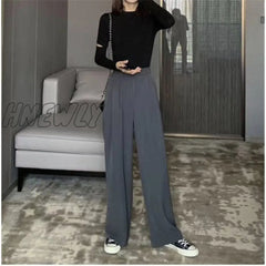 Hnewly Retro Outfits Solid Color Wild Straight Wide Leg Pants Female Spring New Korean Fashion High