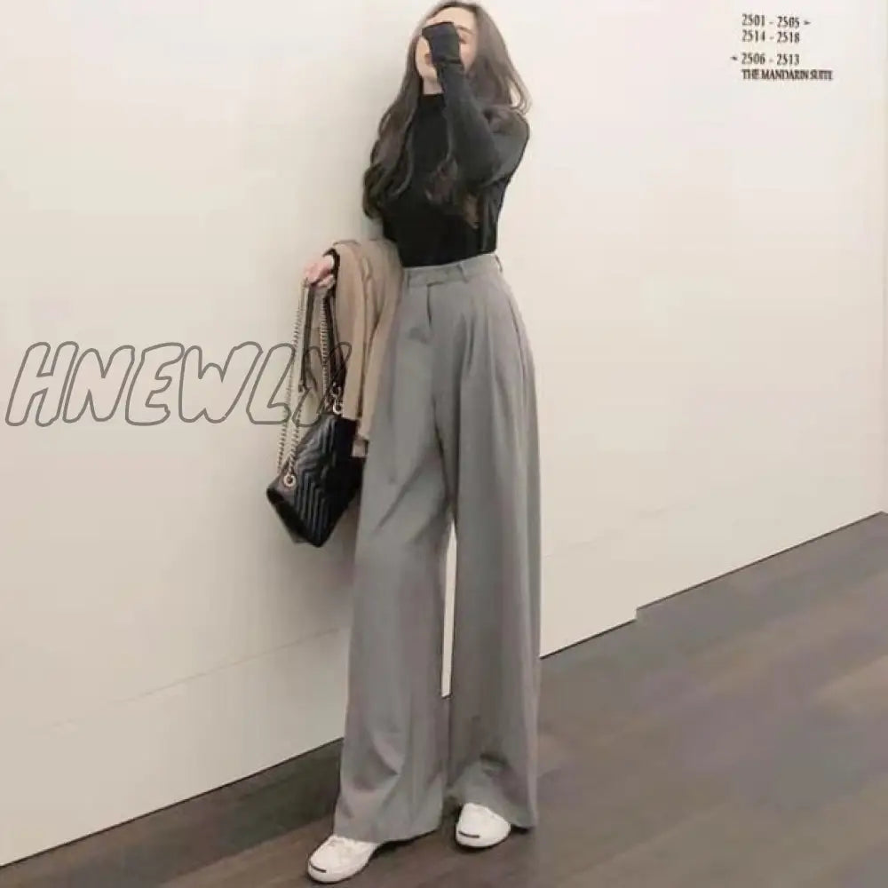 Hnewly Retro Outfits Solid Color Wild Straight Wide Leg Pants Female Spring New Korean Fashion High