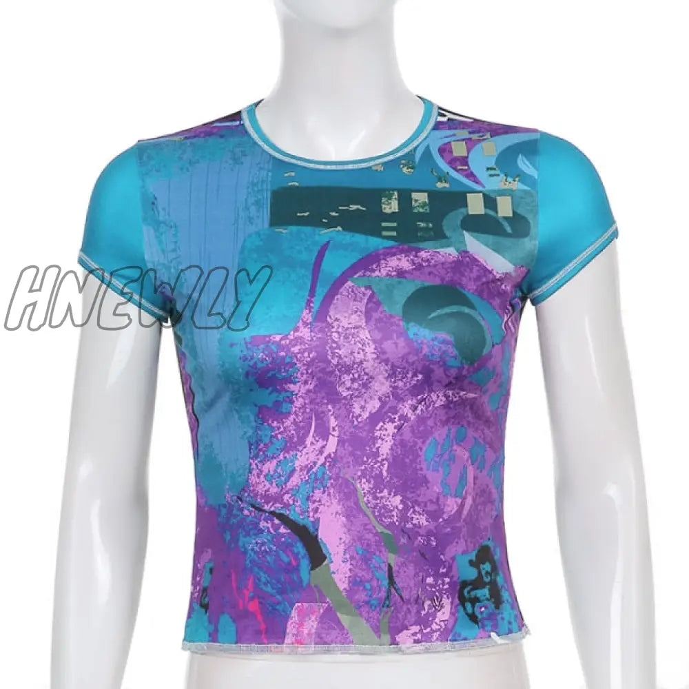 Hnewly Retro Print Patchwork T - Shirts Vintage Aesthetic Girl Techwear O Neck Short Sleeve Summer
