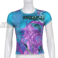 Hnewly Retro Print Patchwork T - Shirts Vintage Aesthetic Girl Techwear O Neck Short Sleeve Summer
