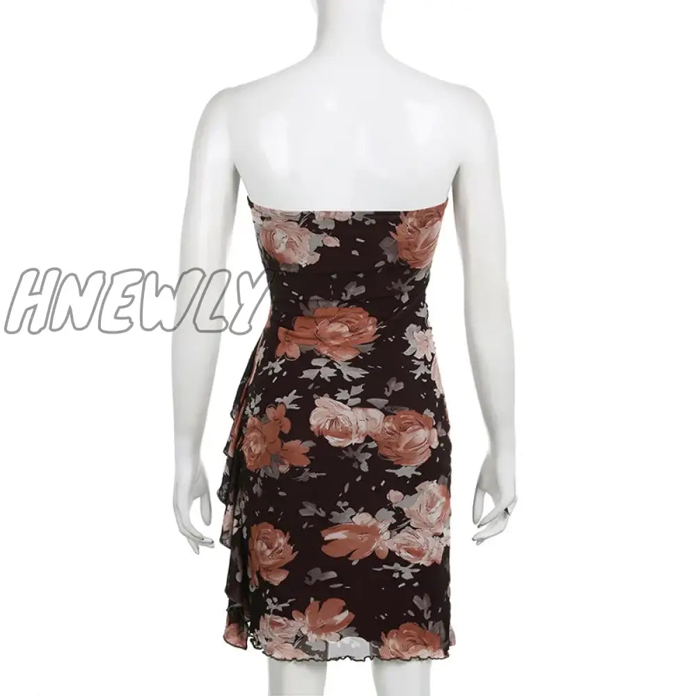 Hnewly Retro Y2K Fairy Grunge Aesthetic Floral Dresses Mesh Vintage Sexy Ruffles Hem Tube Dress