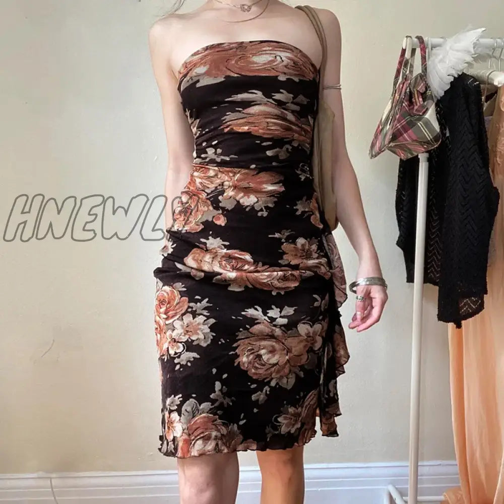 Hnewly Retro Y2K Fairy Grunge Aesthetic Floral Dresses Mesh Vintage Sexy Ruffles Hem Tube Dress