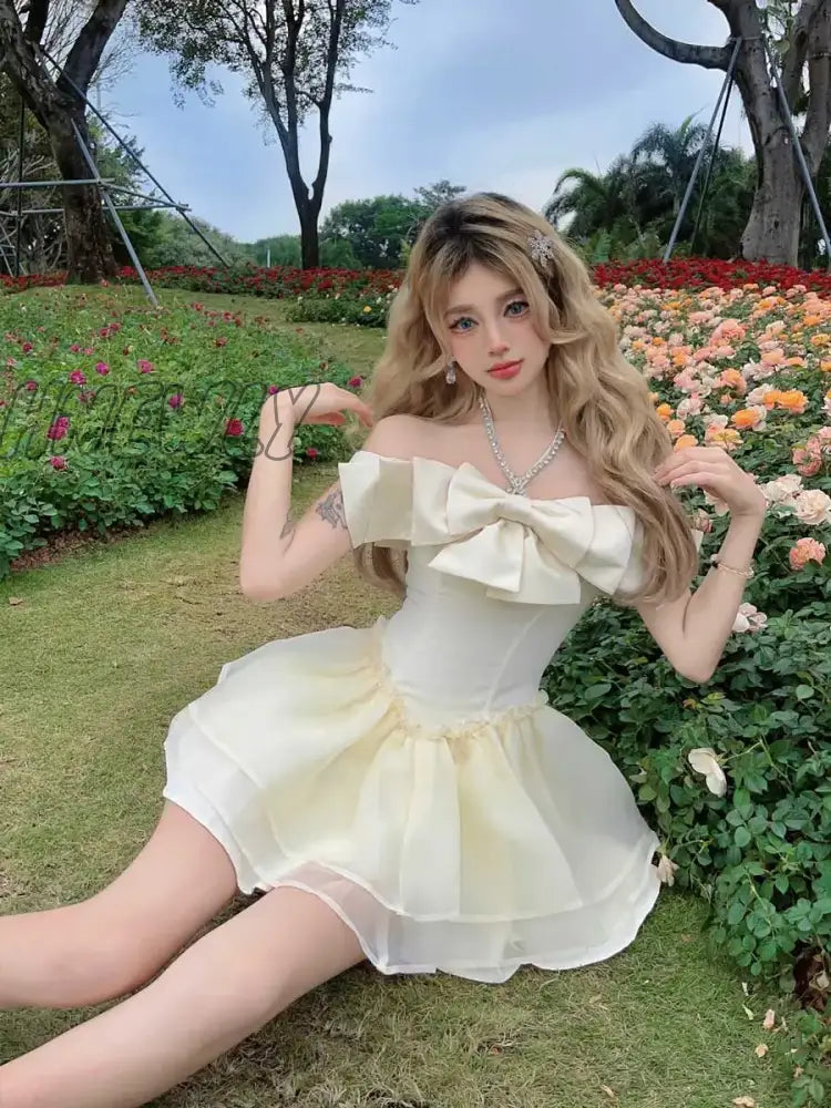 Reddachic Rhinestone Halter Bowknot Mini Dress Women Medieval Retro Off-Shoulder Layered Ruffle