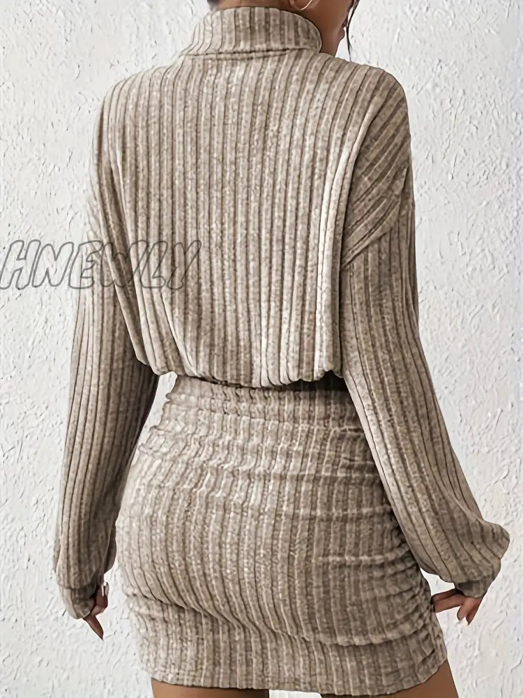 Hnewly Ribbed Knit Long Sleeve Dress Elegant Turtle Neck Slim Ruched Women’s Clothing