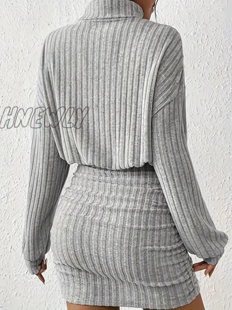 Hnewly Ribbed Knit Long Sleeve Dress Elegant Turtle Neck Slim Ruched Women’s Clothing