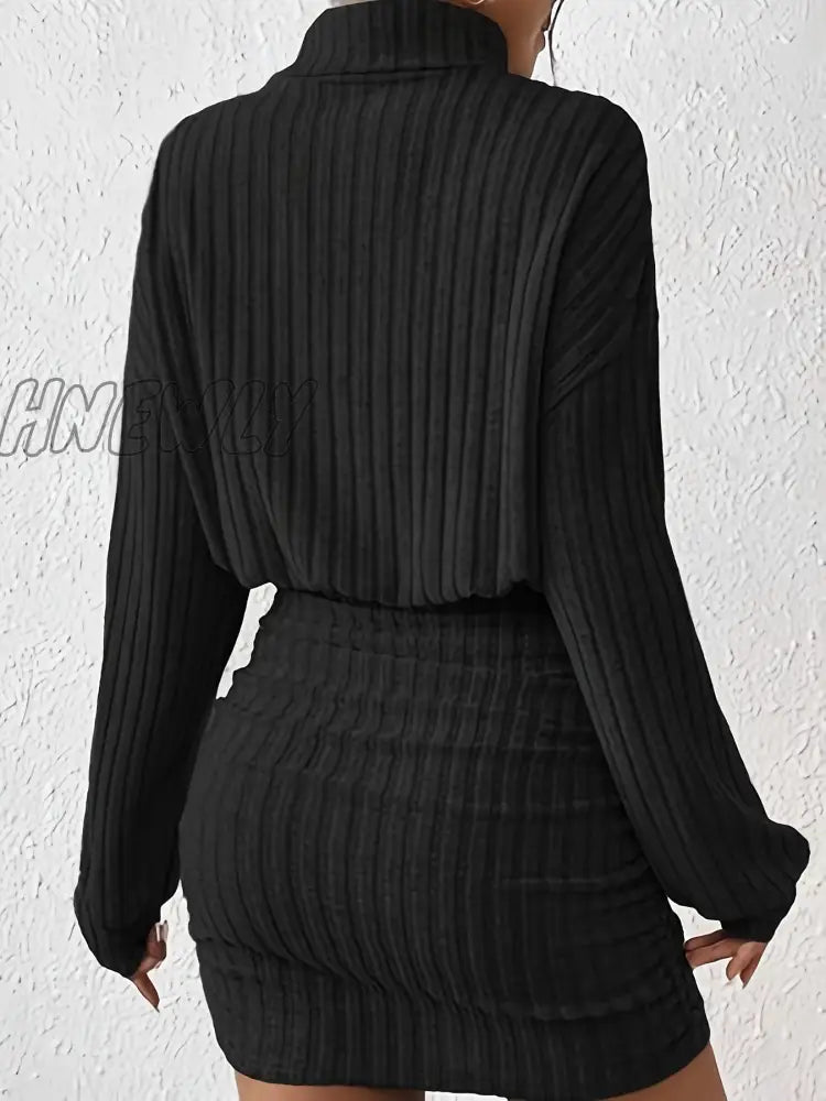 Hnewly Ribbed Knit Long Sleeve Dress Elegant Turtle Neck Slim Ruched Women’s Clothing