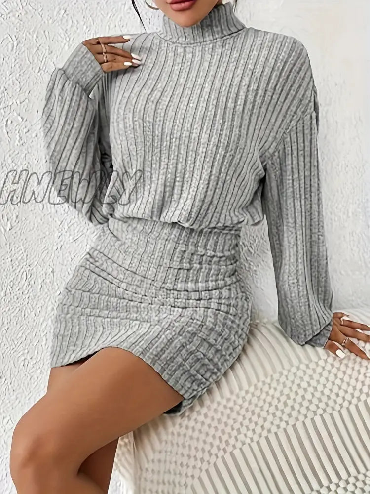 Hnewly Ribbed Knit Long Sleeve Dress Elegant Turtle Neck Slim Ruched Women’s Clothing