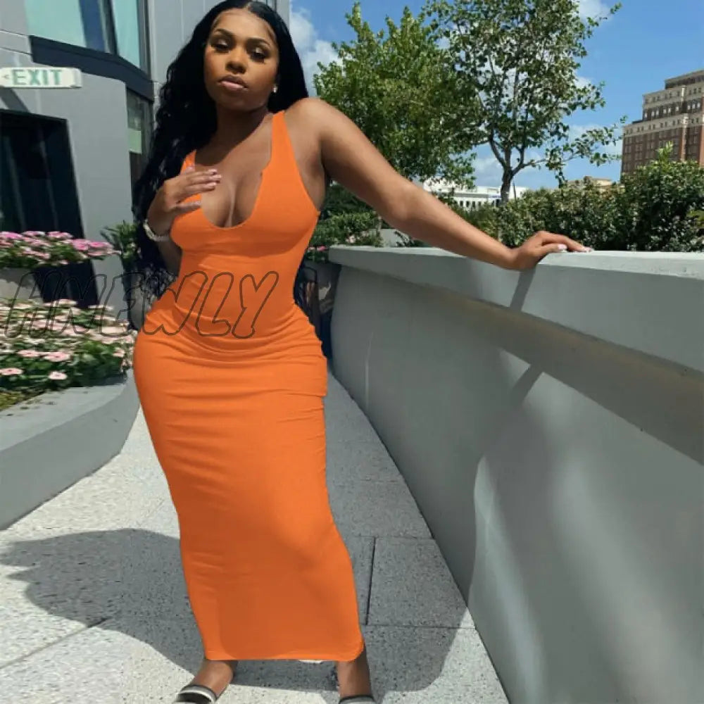 Hnewly Ribbed Knitted Stripe Women Pure Sleeveless Midi Dress V Neck Bodycon Sexy Streetwear Party