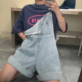 Hnewly Rompers Women Summer Cozy Retro Sleeveless Denim Suspender With Pockets Buttons Korean Style