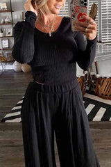 Hnewly - Round Neck Long Sleeves Wide Legs Two-Piece(4 Colors) S / Black Jumpsuits