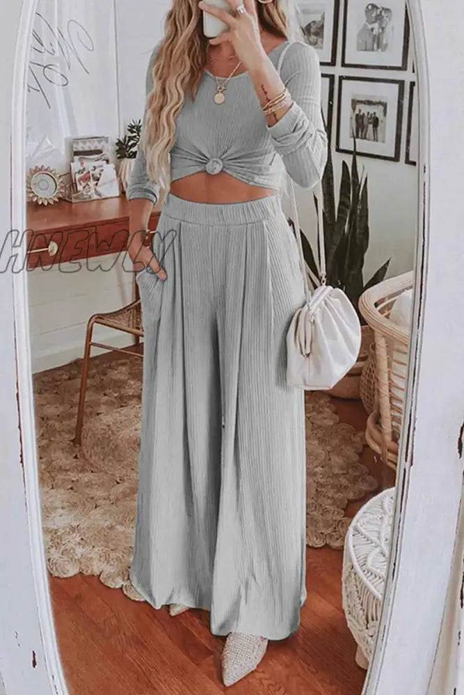 Hnewly - Round Neck Long Sleeves Wide Legs Two-Piece(4 Colors) S / Gray Jumpsuits