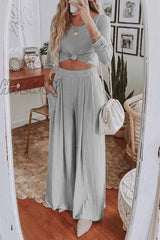 Hnewly - Round Neck Long Sleeves Wide Legs Two-Piece(4 Colors) S / Gray Jumpsuits
