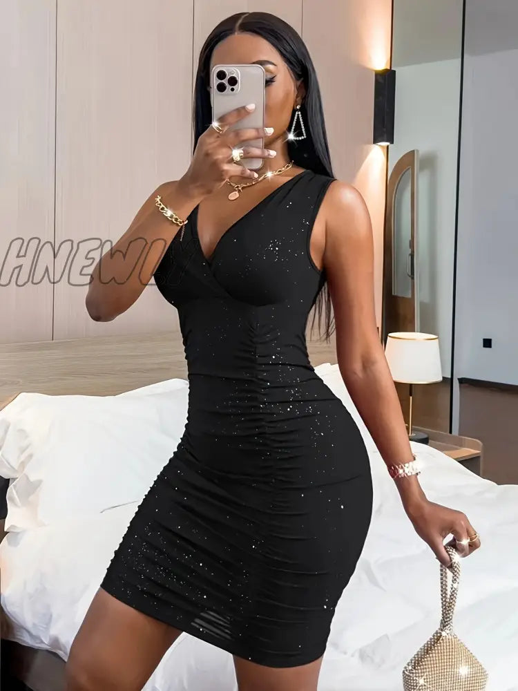 Hnewly Ruched Bodycon Dress Sexy V Neck Sleeveless Party Women’s Clothing