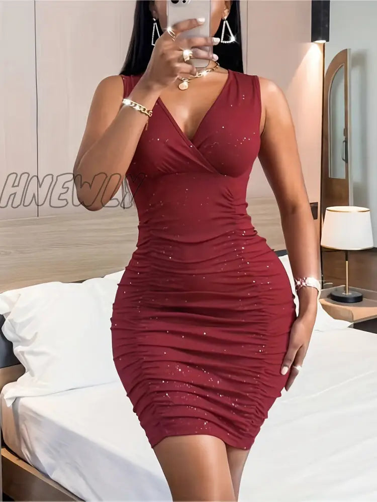 Hnewly Ruched Bodycon Dress Sexy V Neck Sleeveless Party Women’s Clothing