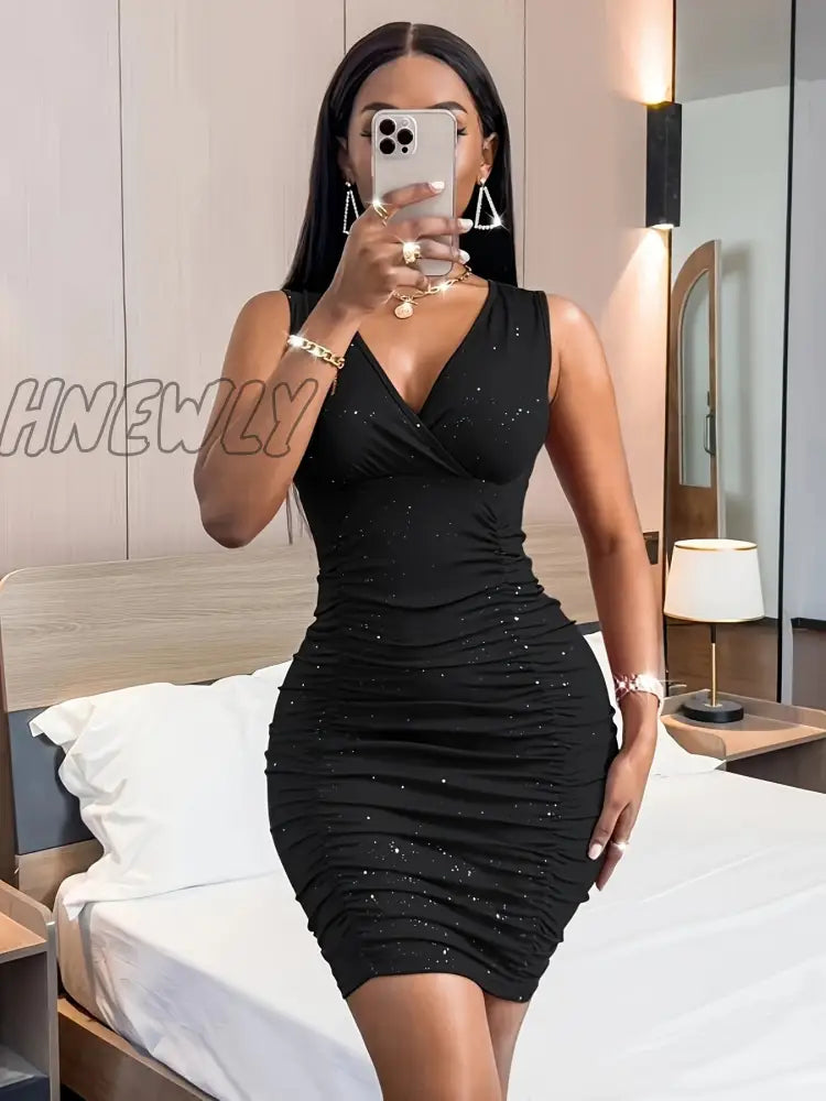 Hnewly Ruched Bodycon Dress Sexy V Neck Sleeveless Party Women’s Clothing