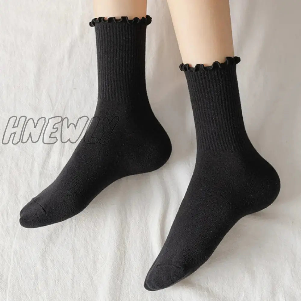 Hnewly Ruffle Socks For Women 5Pair /Lot Mid Crew Middles Tube Ankle High Breathable Black White