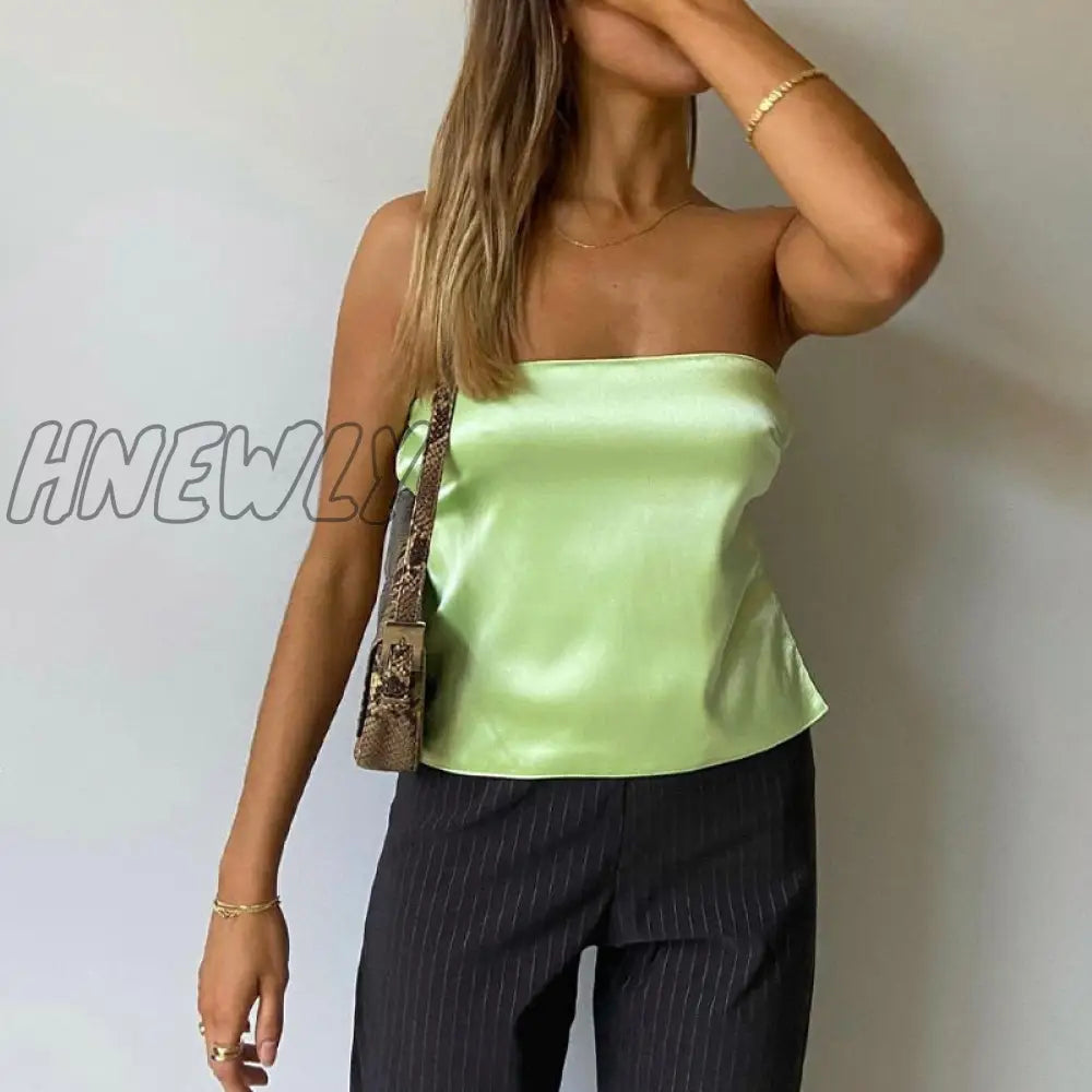 Hnewly Satin Backless Crop Top Y2K Women Summer Off Shoulder Bandage Sleeveless Strapless Tank Tops