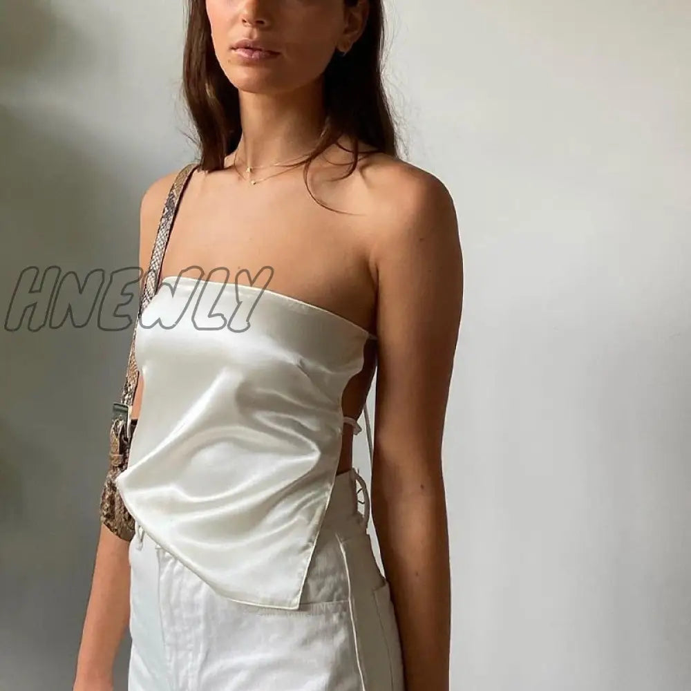 Hnewly Satin Backless Crop Top Y2K Women Summer Off Shoulder Bandage Sleeveless Strapless Tank Tops