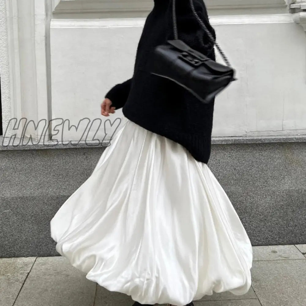 Hnewly Satin Balloon Skirt Long Women Vintage Elegant Fashion High Waist A-Line Office Lady Loose