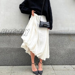 Hnewly Satin Balloon Skirt Long Women Vintage Elegant Fashion High Waist A-Line Office Lady Loose