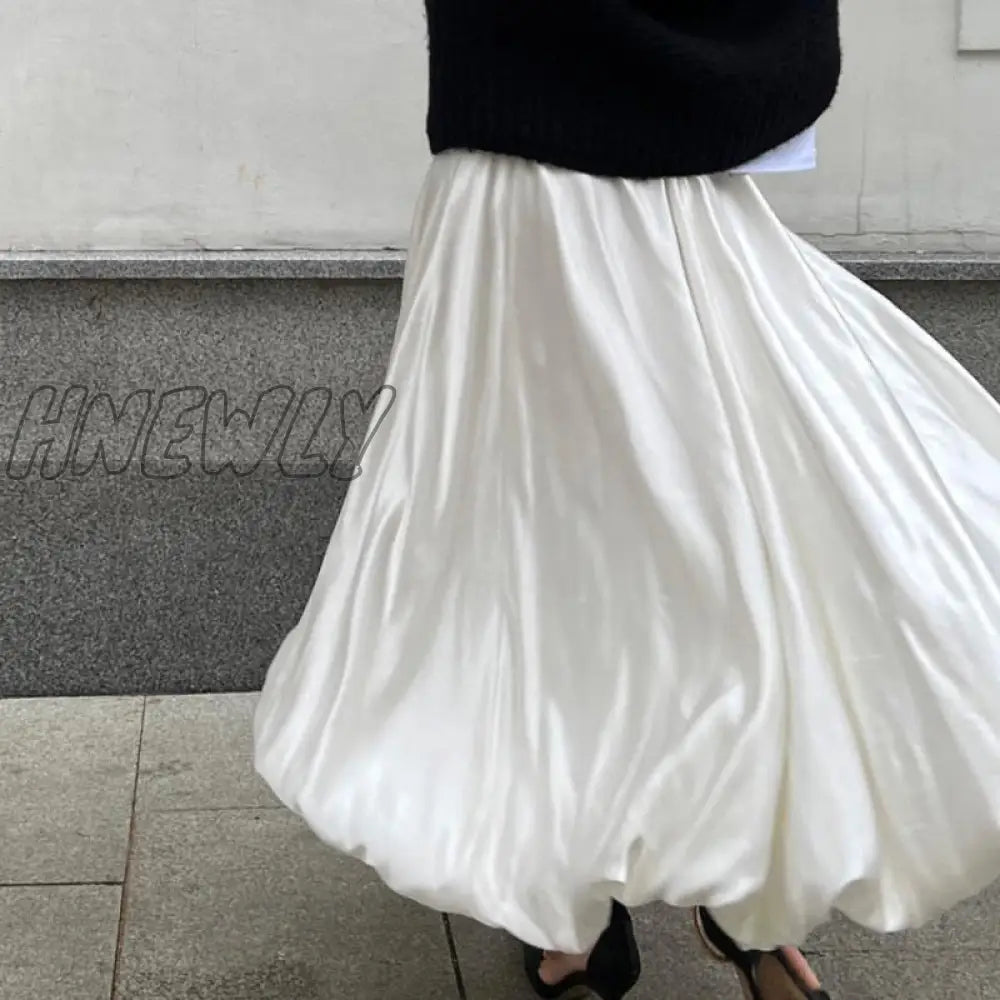 Hnewly Satin Balloon Skirt Long Women Vintage Elegant Fashion High Waist A-Line Office Lady Loose