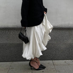 Hnewly Satin Balloon Skirt Long Women Vintage Elegant Fashion High Waist A-Line Office Lady Loose