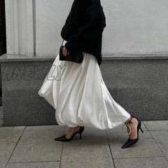 Hnewly Satin Balloon Skirt Long Women Vintage Elegant Fashion High Waist A-Line Office Lady Loose