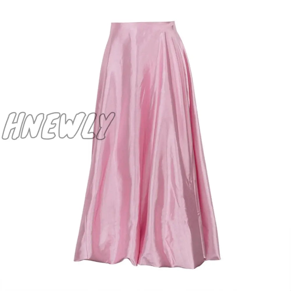 Hnewly Satin Balloon Skirt Long Women Vintage Elegant Fashion High Waist A-Line Office Lady Loose