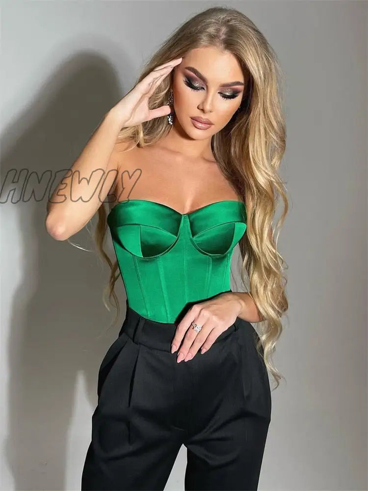 Hnewly Satin Corset Crop Top With Cups Strapless Spring Summer Sexy Off Shoulder Party Sleeveless