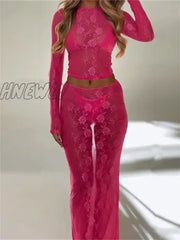 Hnewly See-Through Lace Floral Mesh Sheer Dress Sets Women Sexy Beach Suits Long Sleeve Crop Tops +