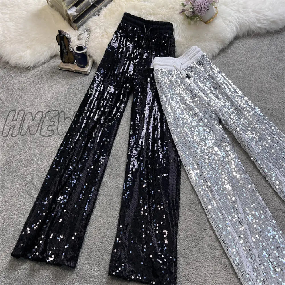 Hnewly Sequine Sexy Flare Pants Party Women Spring Fashion Y2K High Waist Silver Glitter Black Long
