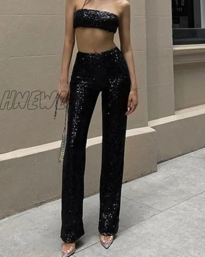 Hnewly Sequine Sexy Flare Pants Party Women Spring Fashion Y2K High Waist Silver Glitter Black Long