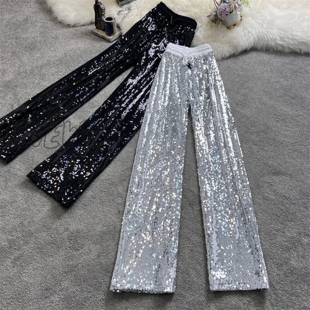 Hnewly Sequine Sexy Flare Pants Party Women Spring Fashion Y2K High Waist Silver Glitter Black Long