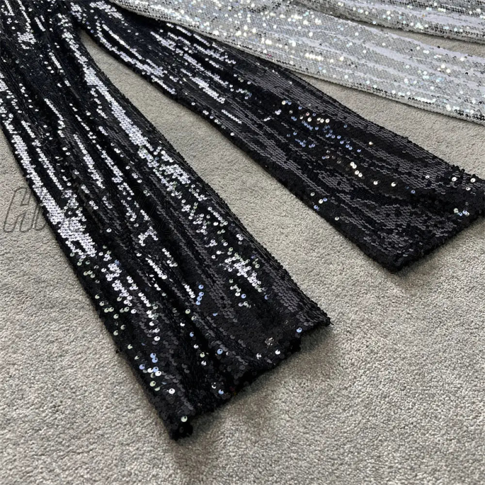 Hnewly Sequine Sexy Flare Pants Party Women Spring Fashion Y2K High Waist Silver Glitter Black Long
