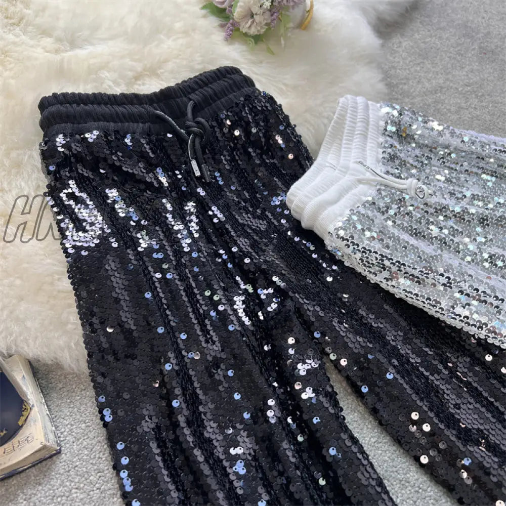 Hnewly Sequine Sexy Flare Pants Party Women Spring Fashion Y2K High Waist Silver Glitter Black Long
