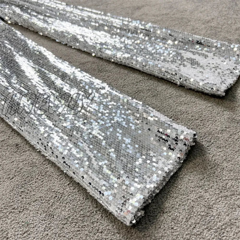 Hnewly Sequine Sexy Flare Pants Party Women Spring Fashion Y2K High Waist Silver Glitter Black Long
