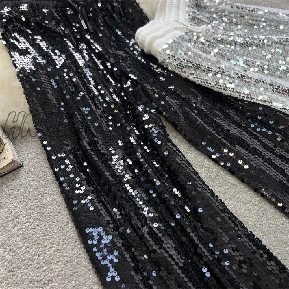 Hnewly Sequine Sexy Flare Pants Party Women Spring Fashion Y2K High Waist Silver Glitter Black Long