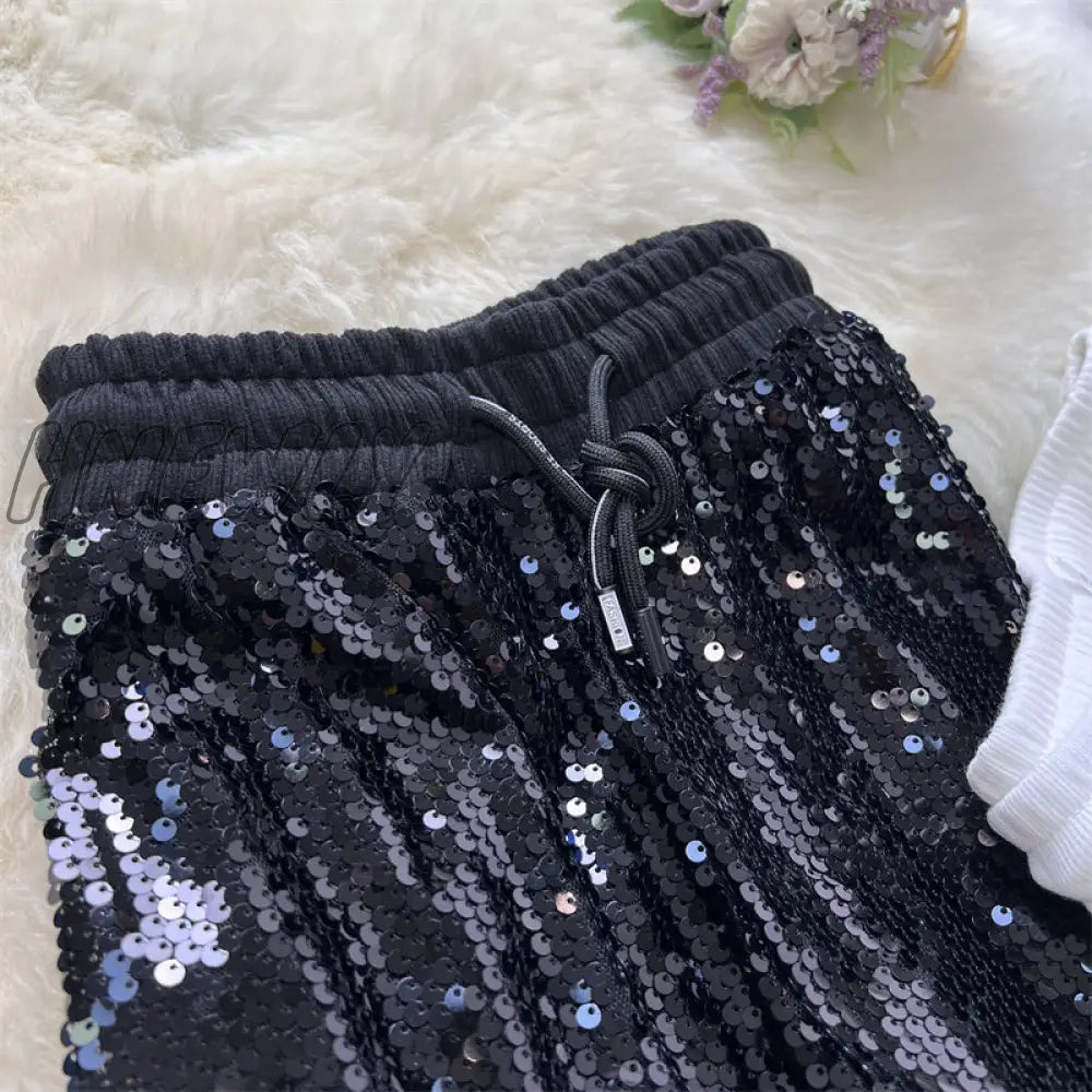 Hnewly Sequine Sexy Flare Pants Party Women Spring Fashion Y2K High Waist Silver Glitter Black Long