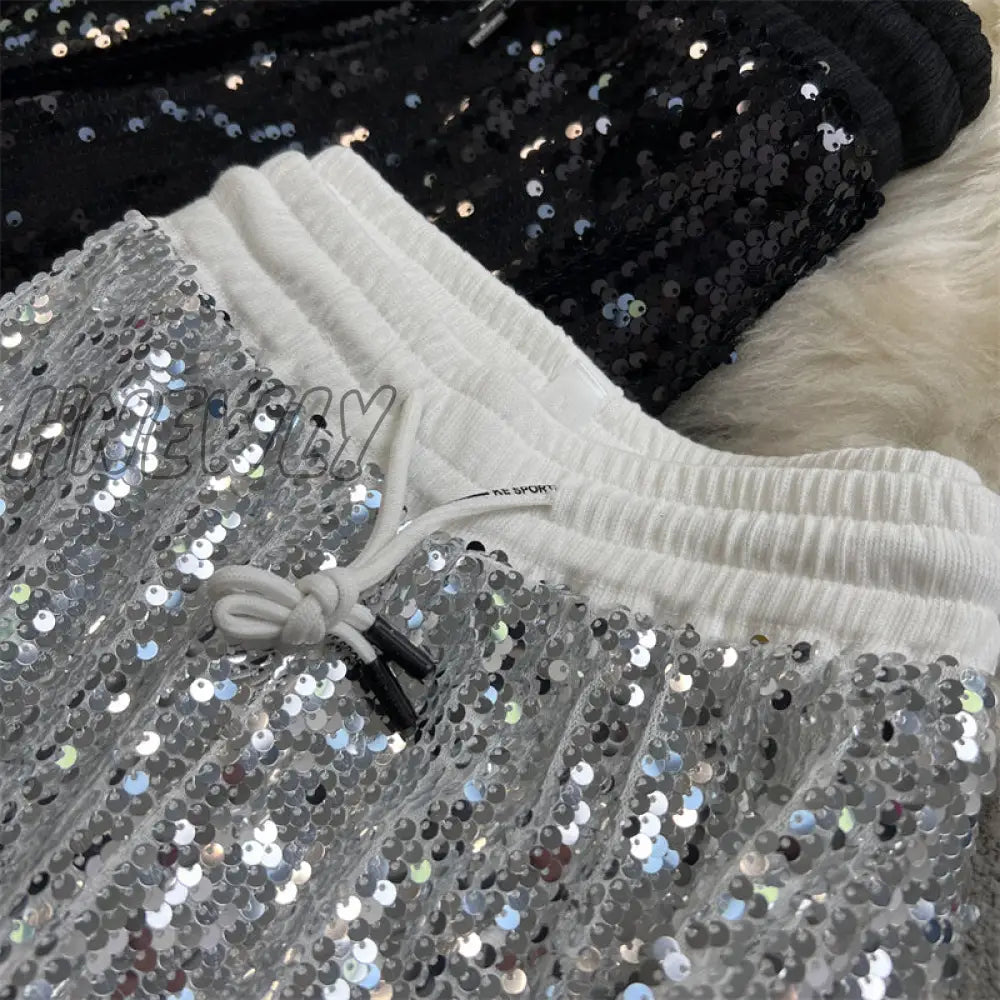 Hnewly Sequine Sexy Flare Pants Party Women Spring Fashion Y2K High Waist Silver Glitter Black Long