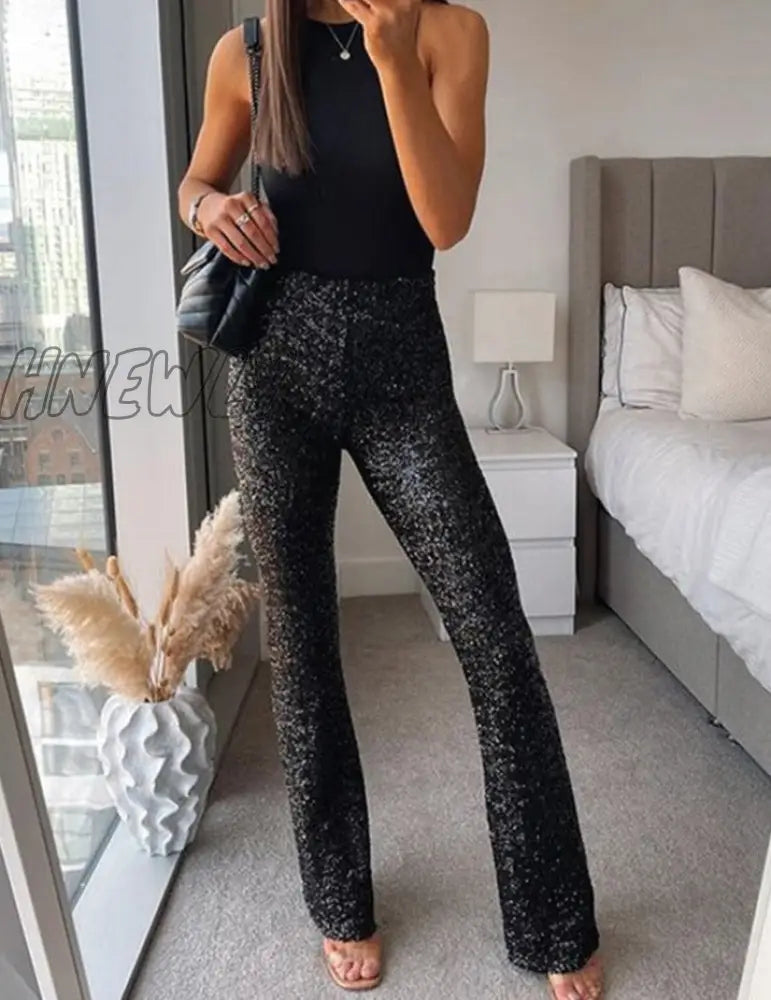 Hnewly Sequine Sexy Flare Pants Party Women Spring Fashion Y2K High Waist Silver Glitter Black Long