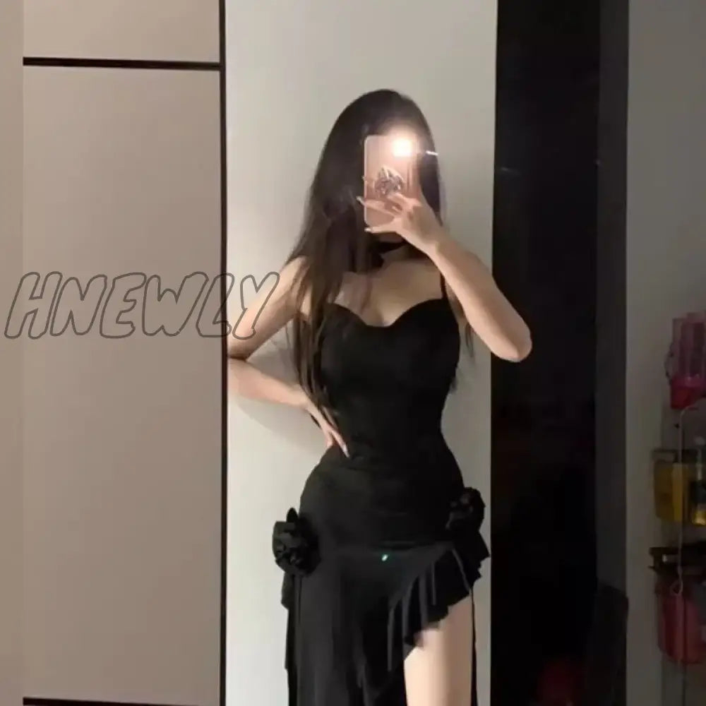 Lucyever Sexy Black Bodycon Dresses Women Elegant 3D Flower Decorate Ruffles Irregular Dress Female