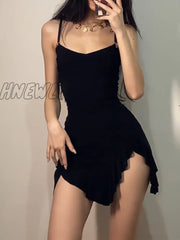 Hnewly Sexy Black Dress Women Summer Bodycon Spaghetti Strap Mini Sleeveless Irregular Vintage