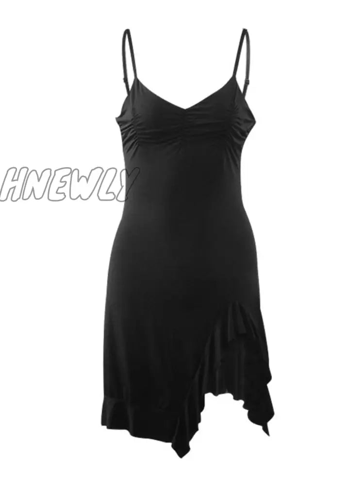 Hnewly Sexy Black Dress Women Summer Bodycon Spaghetti Strap Mini Sleeveless Irregular Vintage