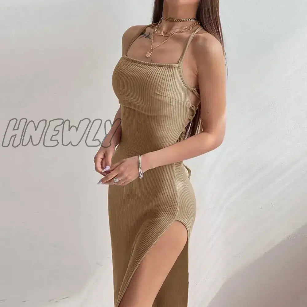 Hnewly Sexy Black Long Bodycon Dress Women Summer Sleeveless Blackless Halter Neck Spaghetti Strap