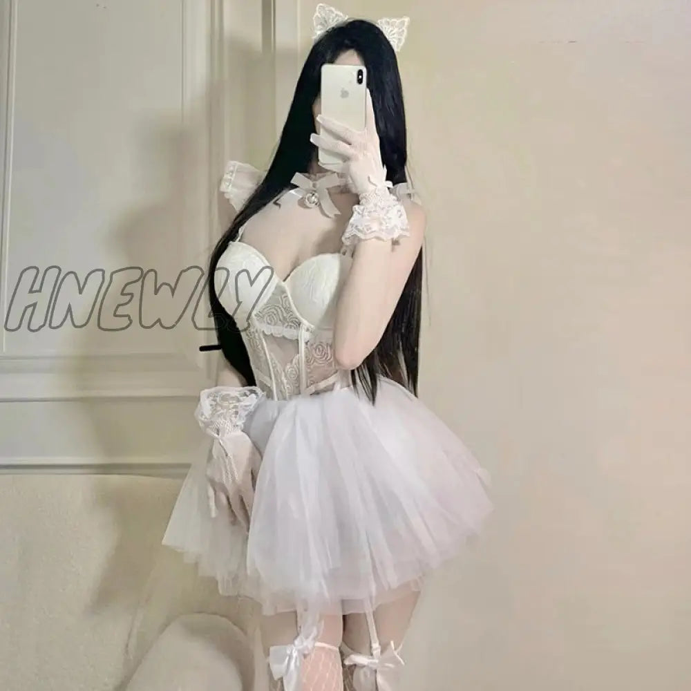 Hnewly Sexy Bunny Angel Halloween Costumes Women V-Neck Camisole Crop Tops Mesh A-Skirt Suit Fairy