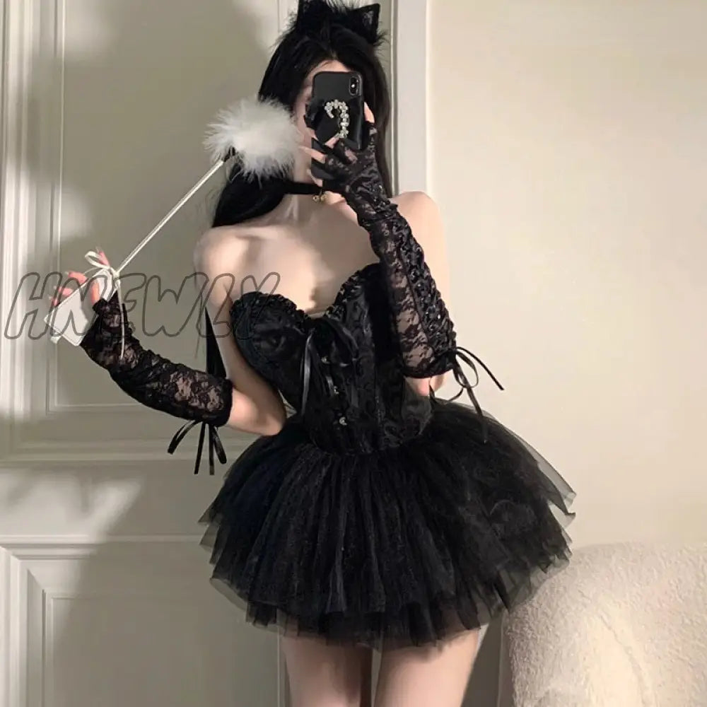 Hnewly Sexy Bunny Angel Halloween Costumes Women V-Neck Camisole Crop Tops Mesh A-Skirt Suit Fairy