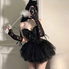 Hnewly Sexy Bunny Angel Halloween Costumes Women V-Neck Camisole Crop Tops Mesh A-Skirt Suit Fairy