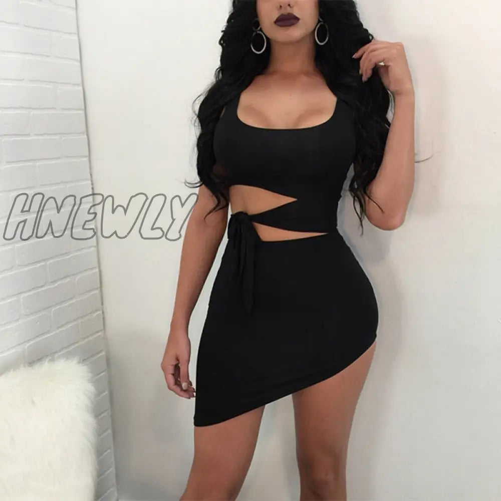 Hnewly Sexy Cutout Club Party Dress Belt Strapless Sleeveless Mini Summer Women’s Slim Body Black