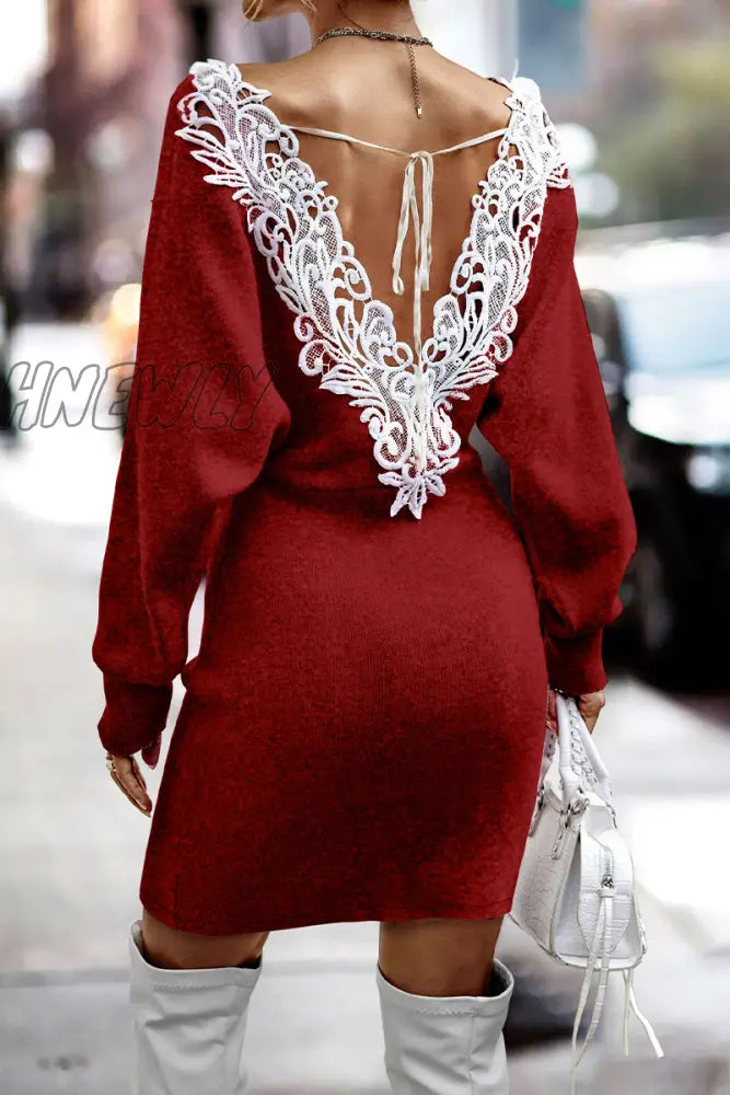Hnewly - Sexy Elegant Solid Lace V Neck One Step Skirt Dresses(5 Colors) Dresses/Long Sleeve Dresses